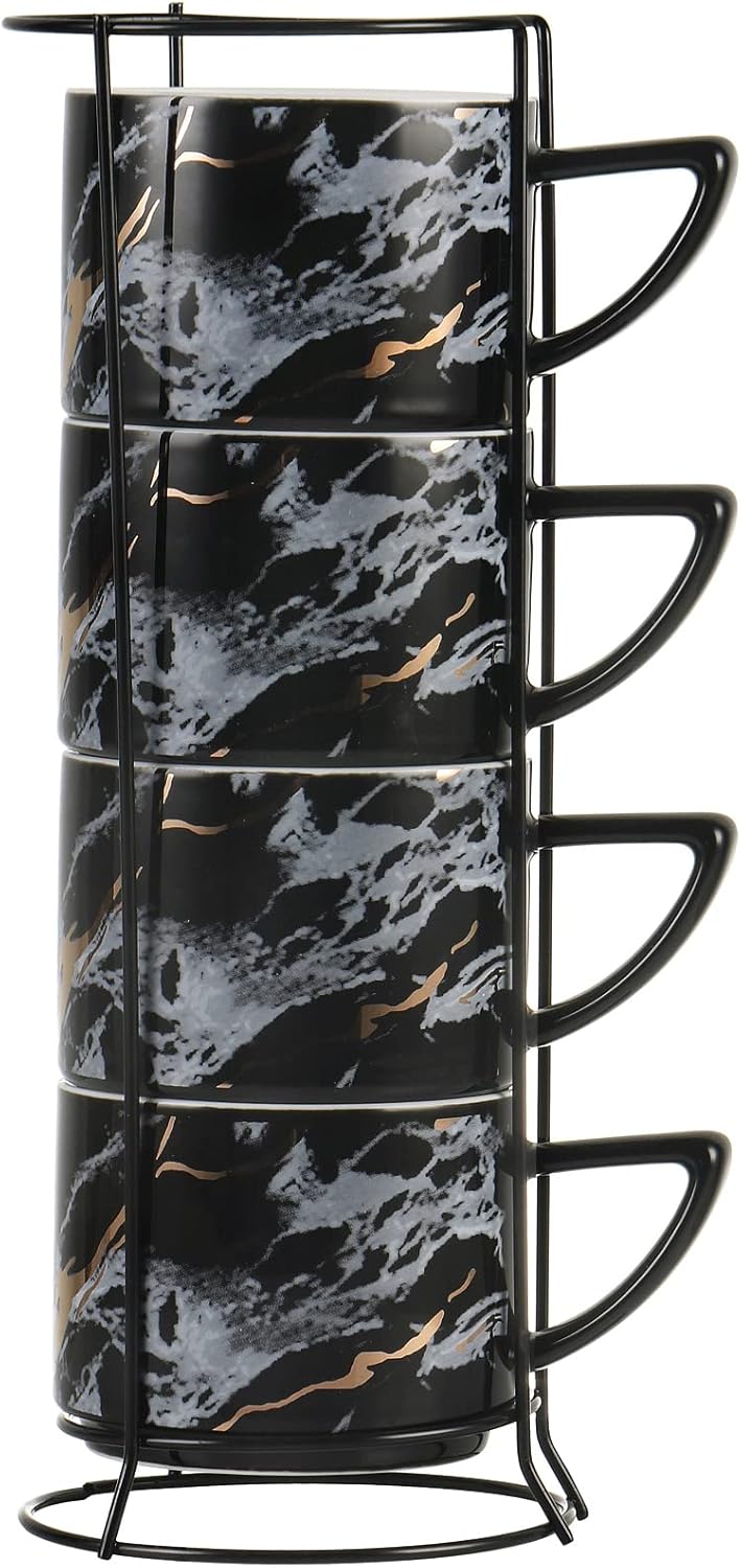 All-Pie Cappuccino Cups Set Tea Mugs 210ML Stackable Set of 4 Ceramics Coffee Cup with Cups Stand (Black)