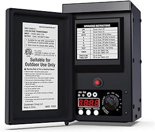 GOODSMANN Low Voltage Transformer 300 Watt with Timer, Photo Eye Sensor and Weather Shield for Outdoor Lighting Metal Transformer 120V AC to 12V AC 9920-0300-01