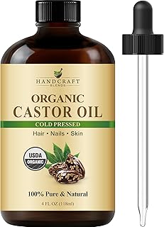 Handcraft Blends Cold-Pressed Organic Castor Oil in Glass Bottle - 4 Fl Oz - 100% Pure and Natural - Premium Grade Carrier Oil for Hair Growth, Eyelashes and Eyebrows - Hair and Body