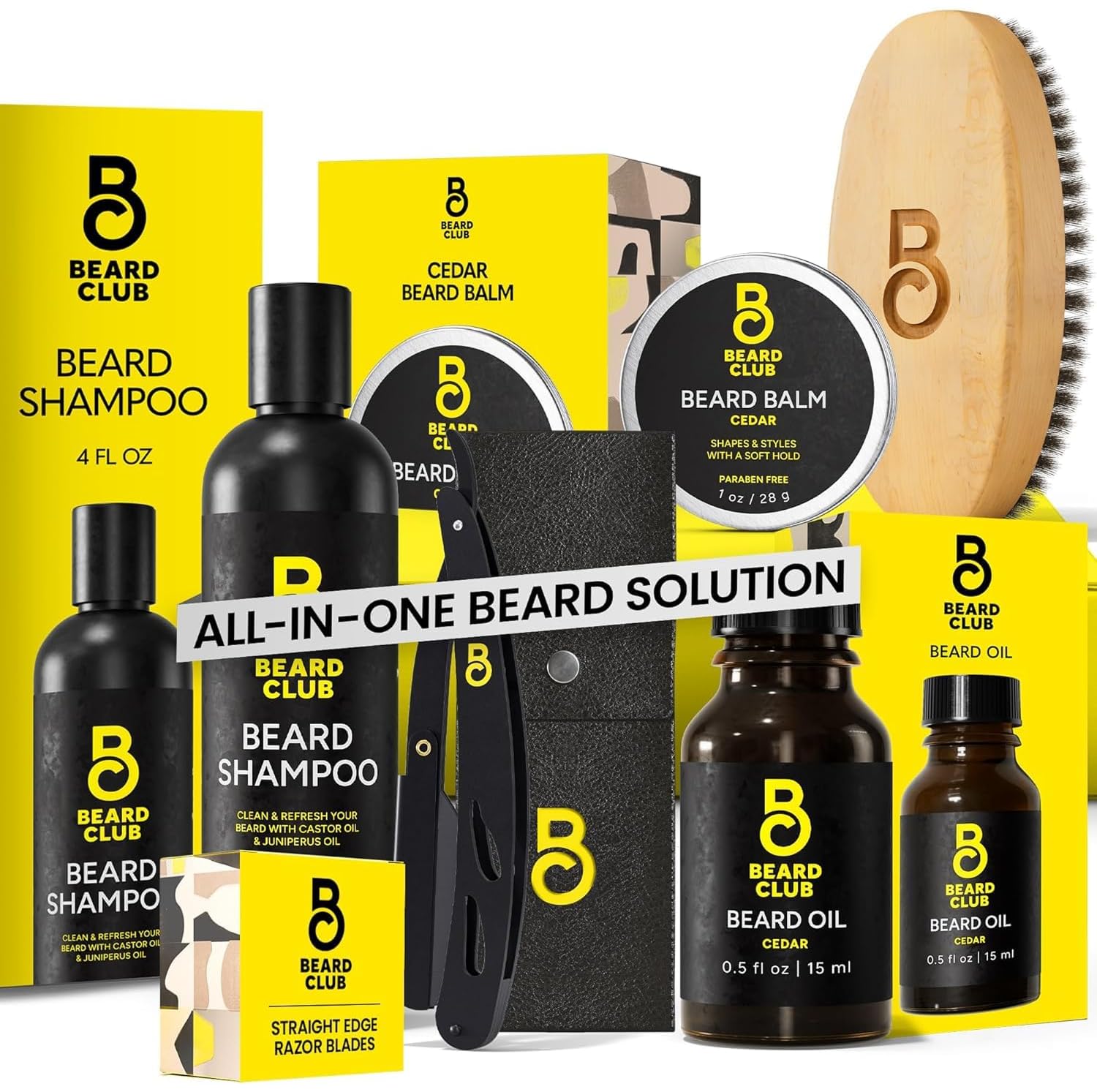 The Beard Club Beard Care Kit & Mens Grooming Kit - Essentials for a Healthier Looking, Stylish Facial Hair - Straight Edge Razor, Shampoo, Cedar Balm & Oil, and Boar Bristle Brush