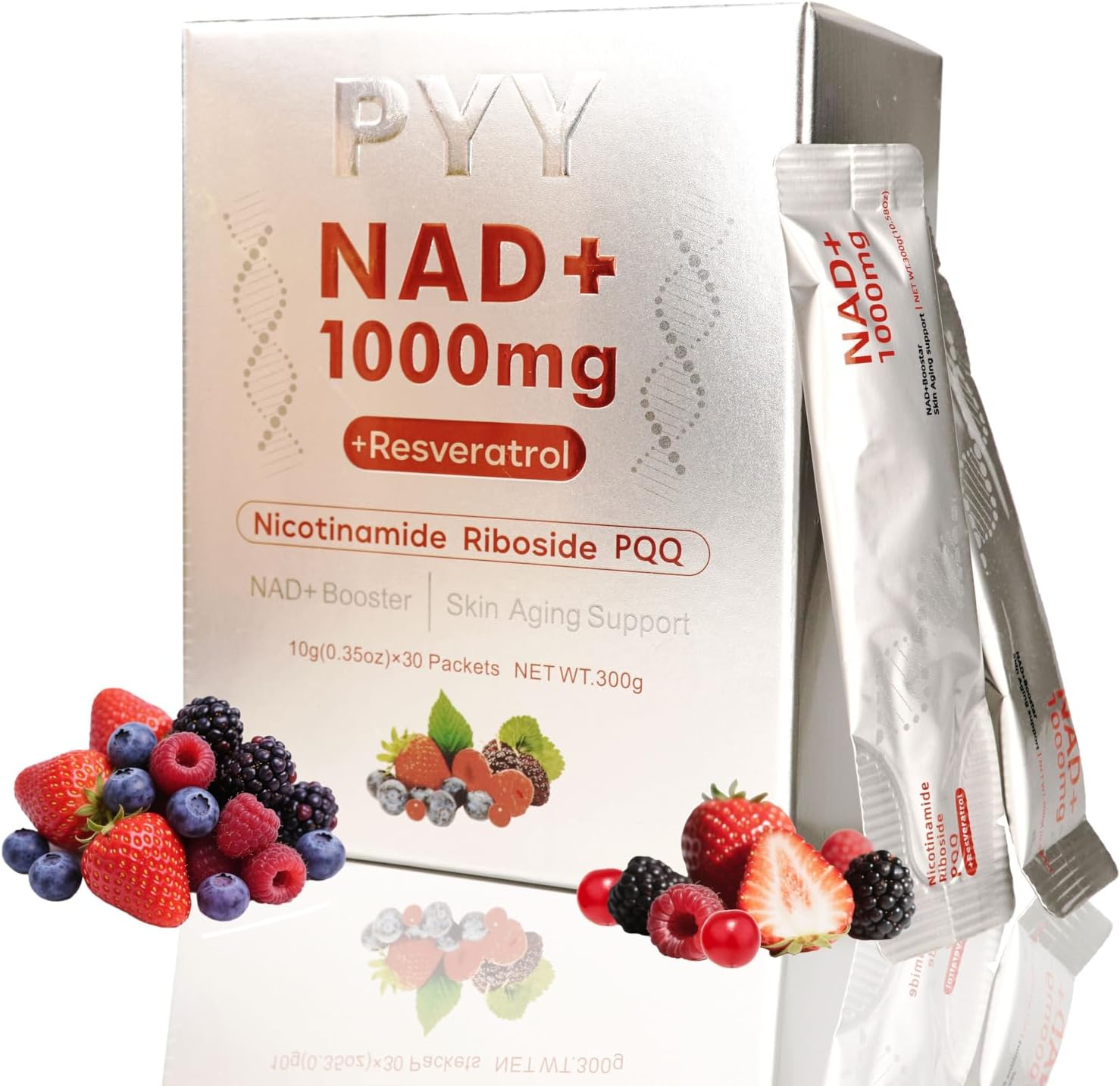 PYY NAD+ Liquid Supplement, NAD+1000 mg Liquid Packets for Women & Men.Nicotinamide Riboside, Resveratrol, PQQ, Quercetin Supplement Alternative for Anti-Aging, Energy-30 Packets