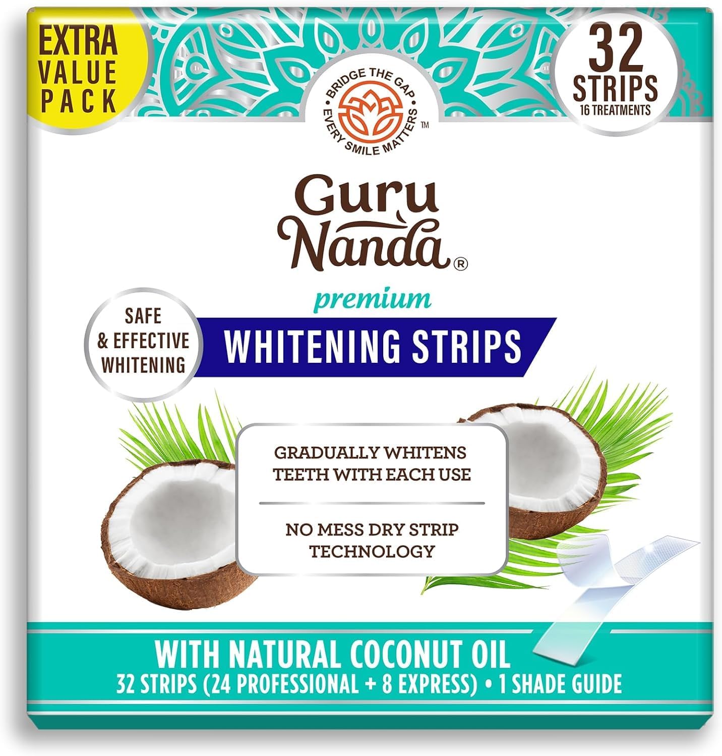 GuruNanda Teeth Whitening Strips - 16-Day Treatment with Non-Slip, Dry Strip Technology - Whitening Designed with Care for a Brighter Smile