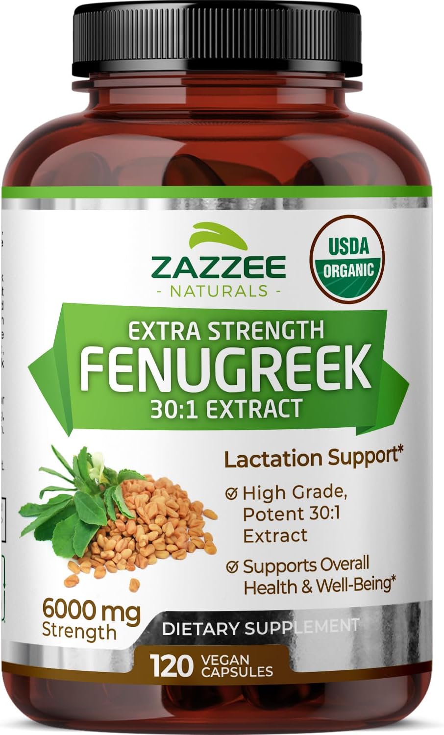 Zazzee USDA Organic Fenugreek 30:1 Extract, 6000 mg Strength, 120 Vegan Capsules, 4 Month Supply, Standardized and Concentrated 30X Extract, 100% Vegetarian, All-Natural and Non-GMO