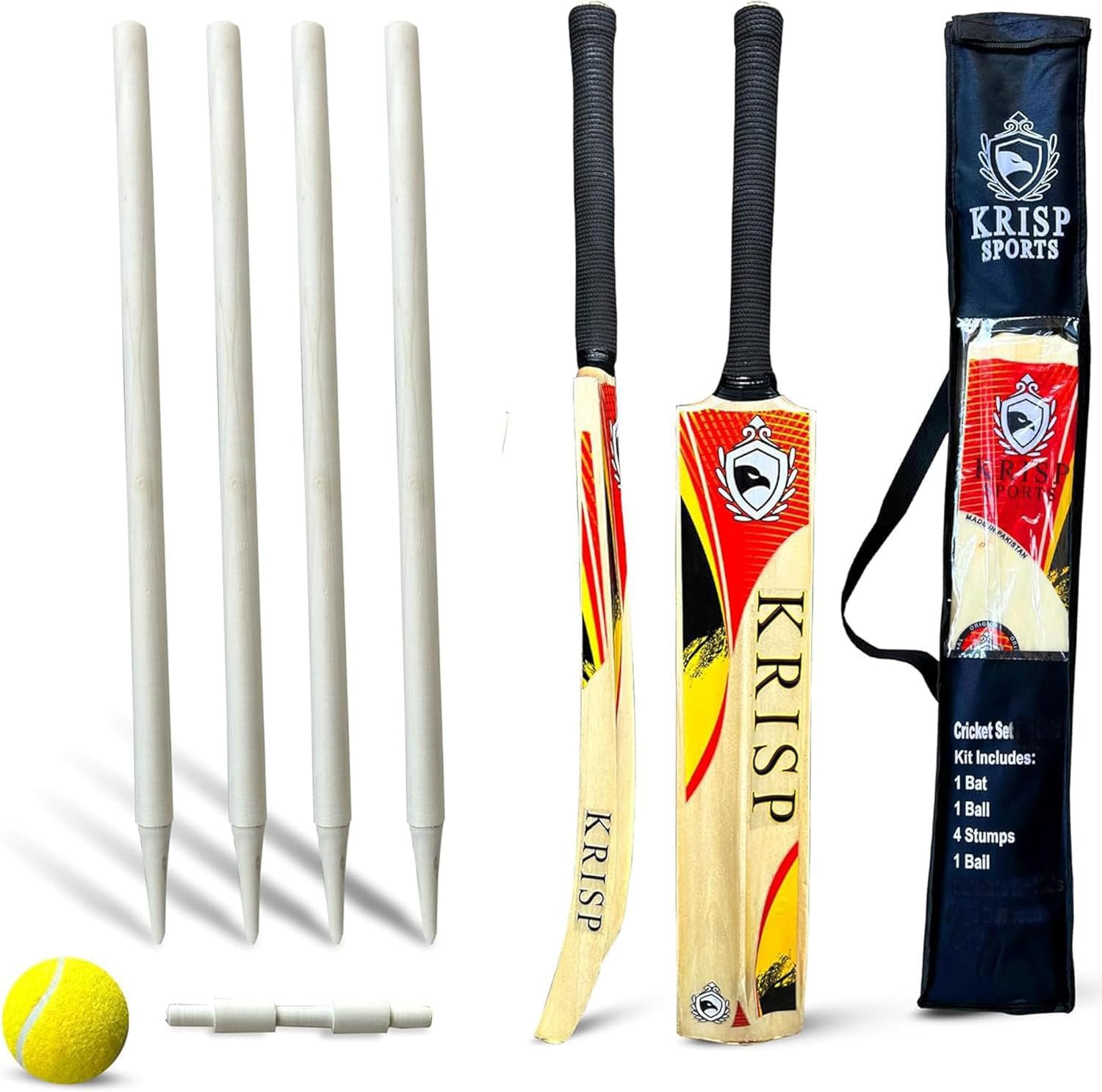 Cricket Bat Gift Set Wooden Cricket Bat Kit for Junior, Backyard Park Beach Indoor Outdoor Play Tennis Ball, Stumps, Bails, Carrying Bag Practice Cricket Match by Krisp Sports