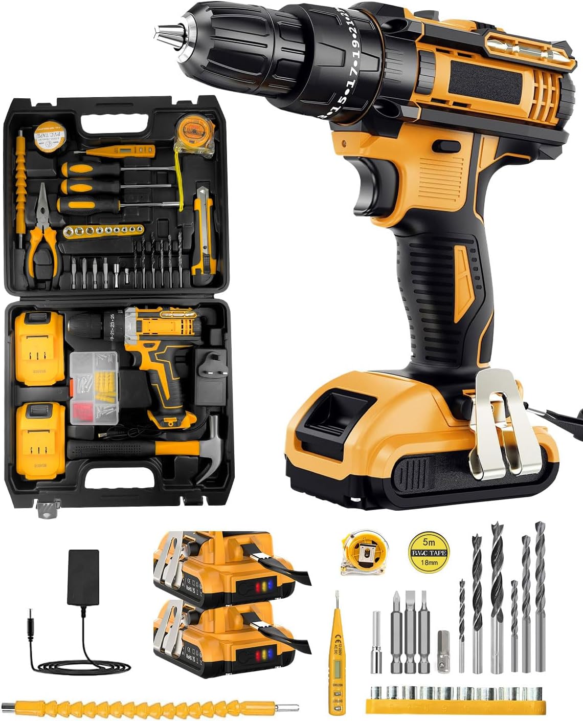 KALAHOL Cordless Drill Set 21V, 99PCS Electric Screwdriver Set with 2 Batteries 2000mAh, 25+3 Torque Cordless Hammer Drill, 42N.m Max, 2 Speed, LED Work Light for Home and Garden DIY Project