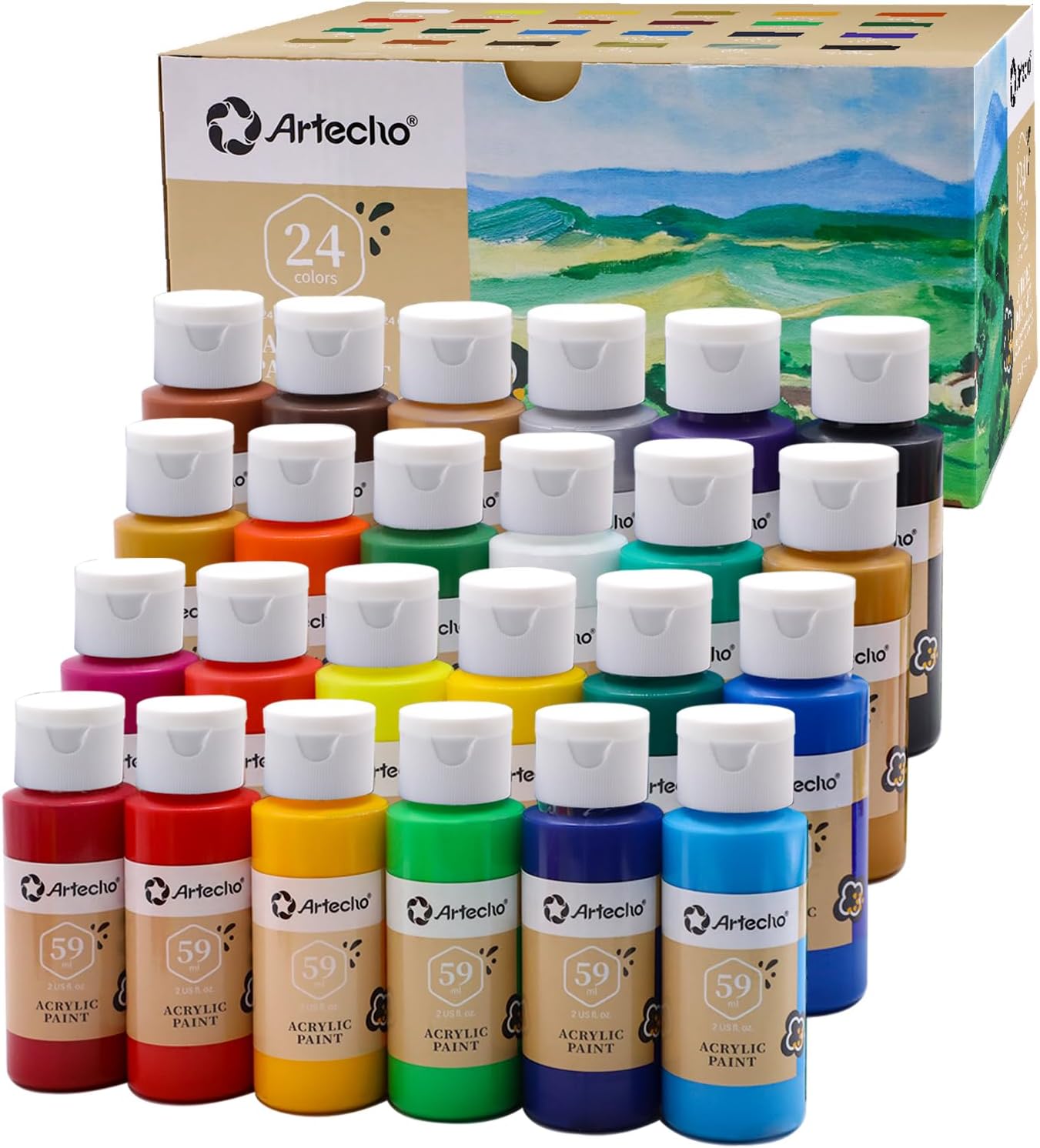 Artecho Acrylic Paint Set - 24 Colors, 2 Oz/59ml Basic Acrylic Paint for Art, Crafts, Canvas, Fabric, Wood, Leather & Stone