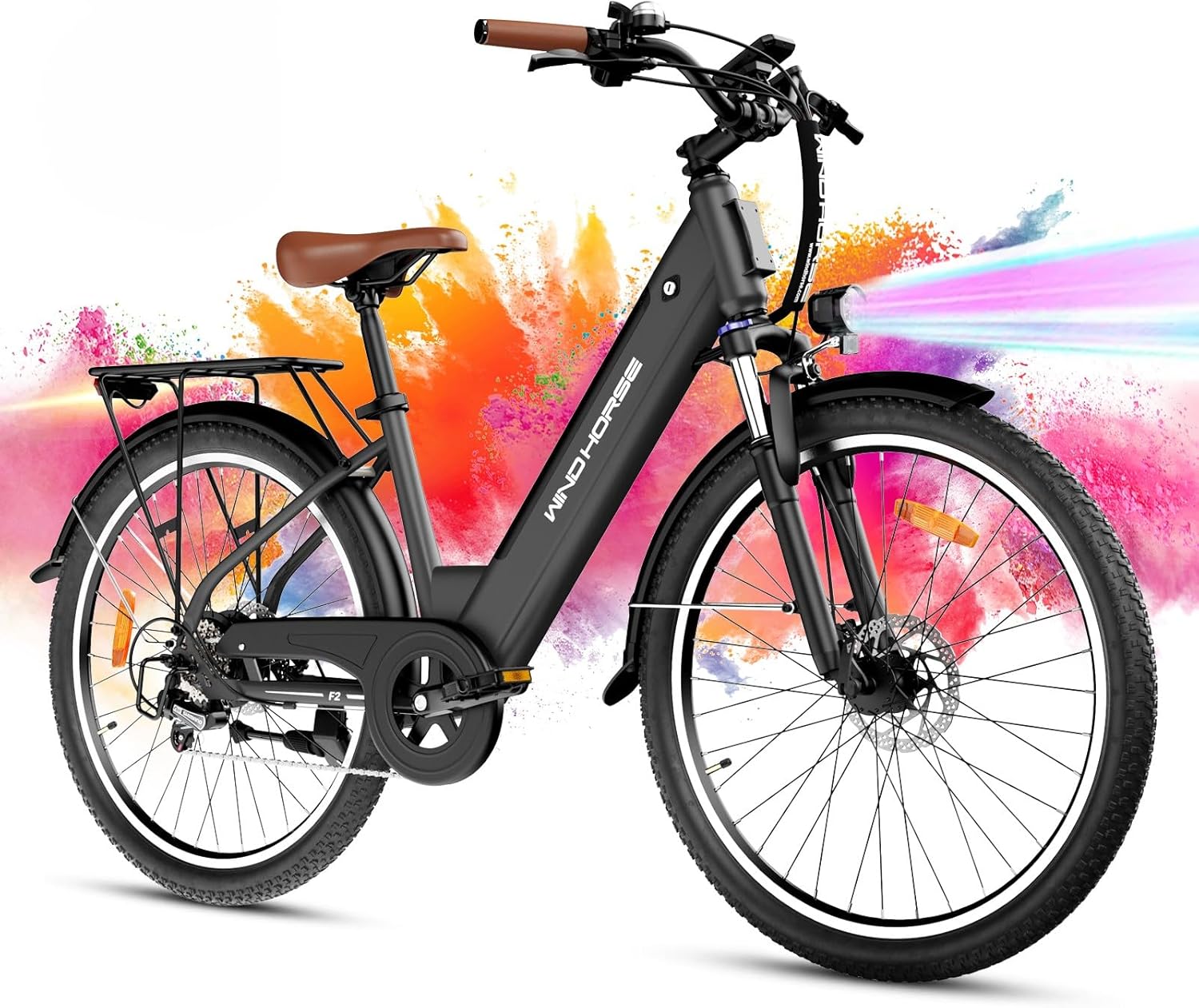 WINDHORSE 26" Electric Bike for Adults 20MPH & 30-50 Miles Range, Shimano 7-Speed, 468WH Removable Battery Commuter Ebike with 750W Peak Motor, Front Suspension, Rear Rack, Fenders