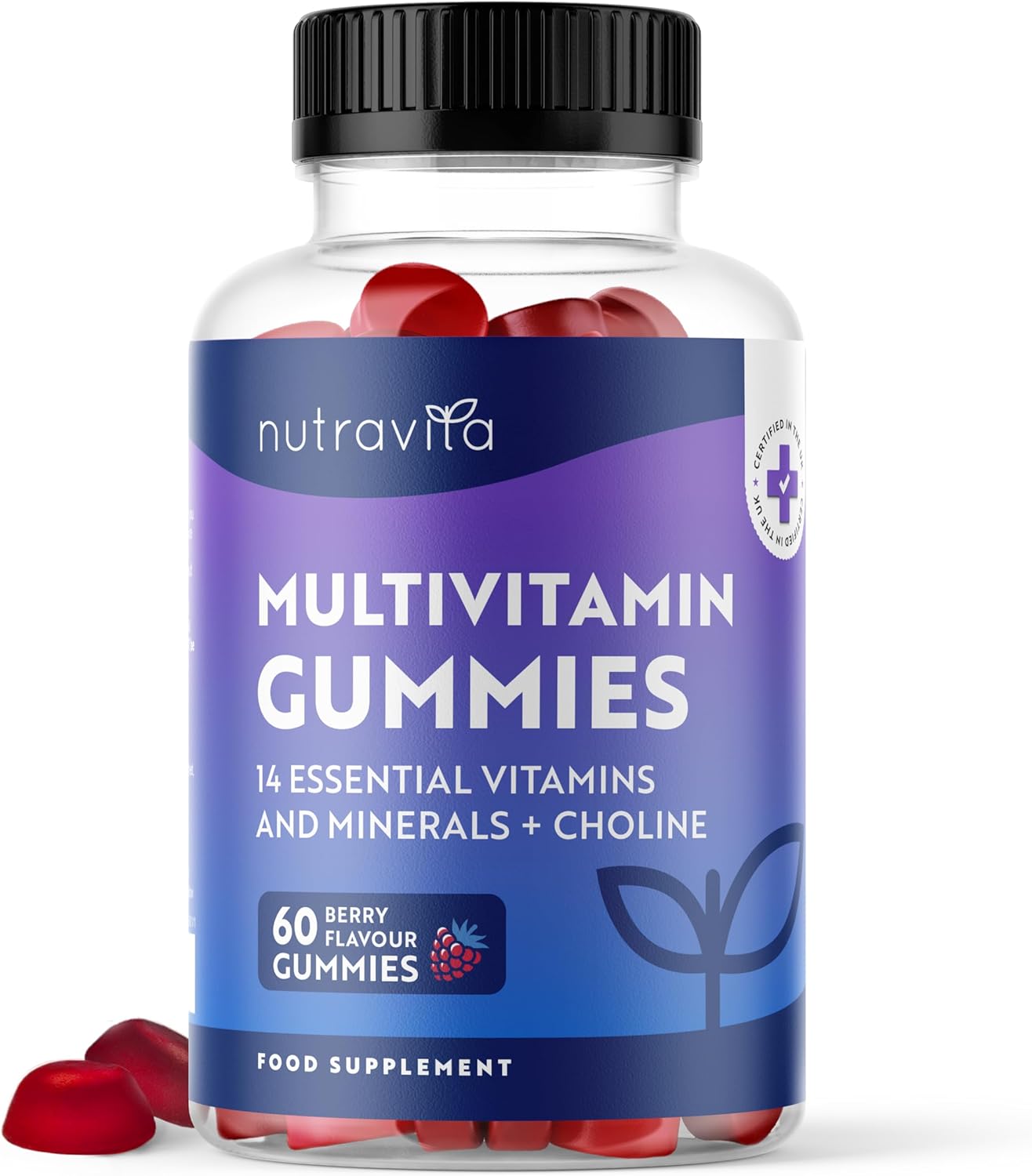 Multivitamin Gummies for Women & Men - 60 Vegan Gummies (2 Month Supply) - 14 Essential Vitamins & Minerals with Vitamin C A D B12 Biotin Zinc - Berry Flavour Chewable Adult Multi Vitamins - Nutravita