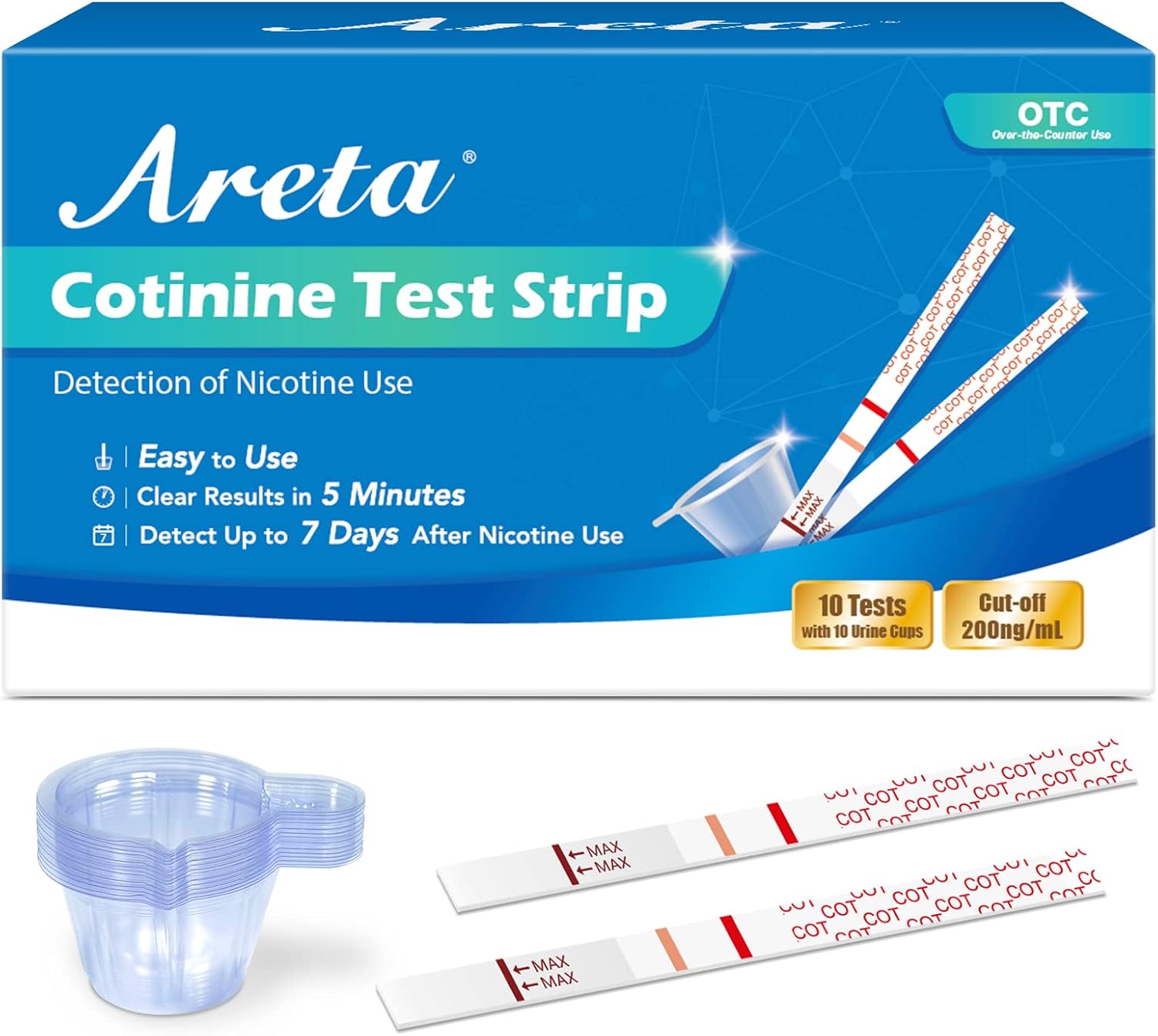 Areta Cotinine Test Strip: Nicotine Tests for Home Continine Urine Screen Test Kits Quick Result in 5 Minutes for Over The Counter Use -Detect 200ng/mL Cutoff Level - # ASCOT-114C (10 Pack)