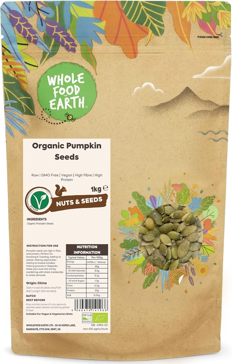 Wholefood Earth Organic Pumpkin Seeds - 1kg - High Fibre - High Protein - Certified Organic