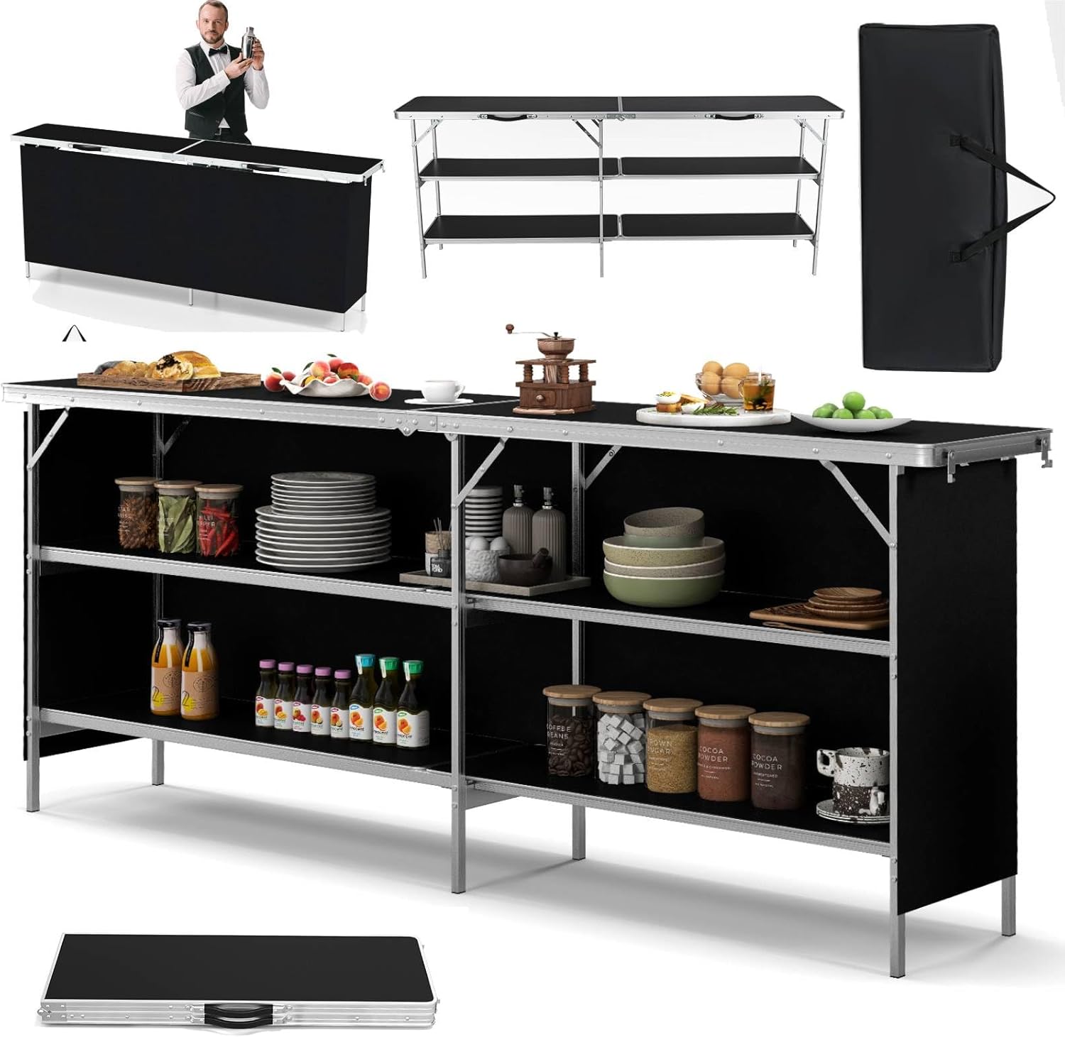 TANGZON Folding Camping Table, Outdoor Portable Garden Kitchen Storage Table with 2-Tier Open Shelves & Spacious Tabletop & Carry Bag, Mesh-Door Storage Cupboard for Picnic BBQ Party, 206 x 38 x 83 cm