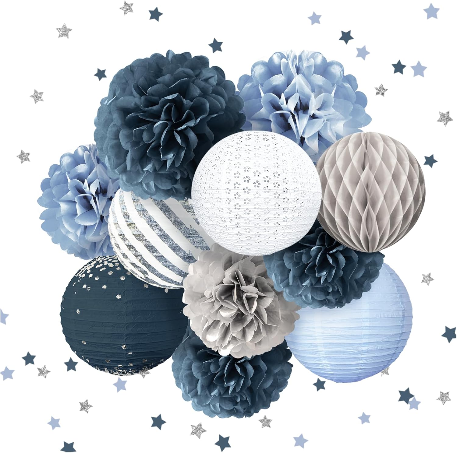 NICROLANDEE Wedding Party Decorations - 12PCS Dusty Blue Tissue Pom Poms Paper Lantern 50G Glitter Confetti Party Supplies for Romantic Wedding, Bridal Shower, Baby Shower, Birthday, Special Events