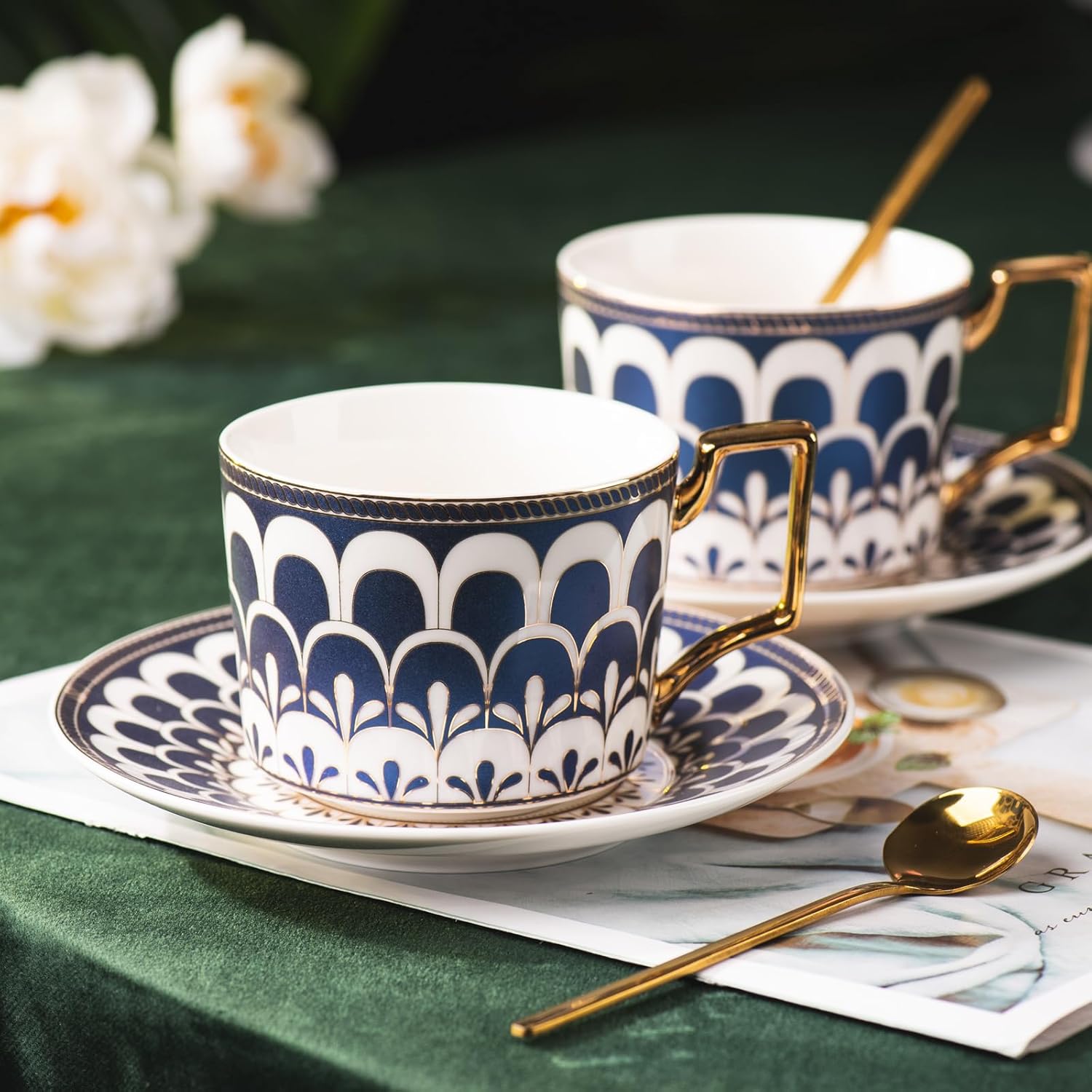 European Style Ceramic Coffee Cup Set, 7 Oz Bone China Exquisitely Glazed Blue and Gold Afternoon Tea Set, Tea Set for Women's Tea Party,Gift for Parents and Loved Ones.(2 pack).…