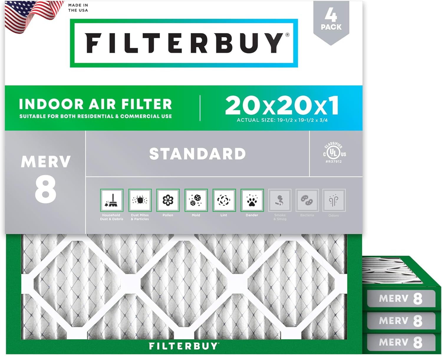 Filterbuy 20x20x1 Air Filter MERV 8 Dust Defense (4-Pack), Pleated HVAC AC Furnace Air Filters Replacement (Actual Size: 19.50 x 19.50 x 0.75 Inches)