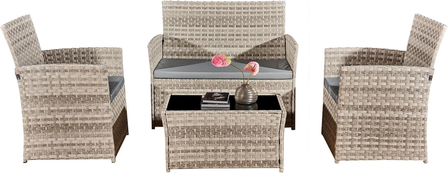 4-Piece Grey Garden Furniture Set Rattan Patio Set | Outdoor Wicker Furniture with Coffee Table | Modern Rattan Conversation Set | Outdoor Seating For Porch, Garden, Lawn