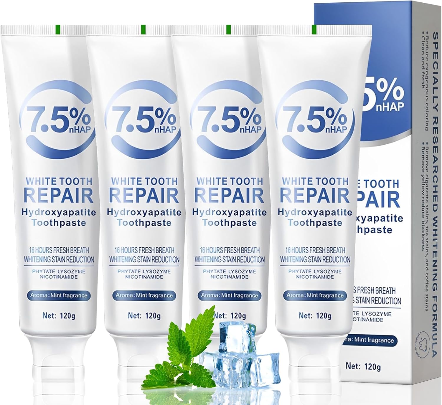 4pcs Hydroxyapatite Toothpaste UK,Hydroxyapatite Toothpaste 7.5 for Enamel Protection,Mint Flavor, Fluoride-Free Formula,Sensitivity Relief, Cavity Prevention, Fresh Breath,120g