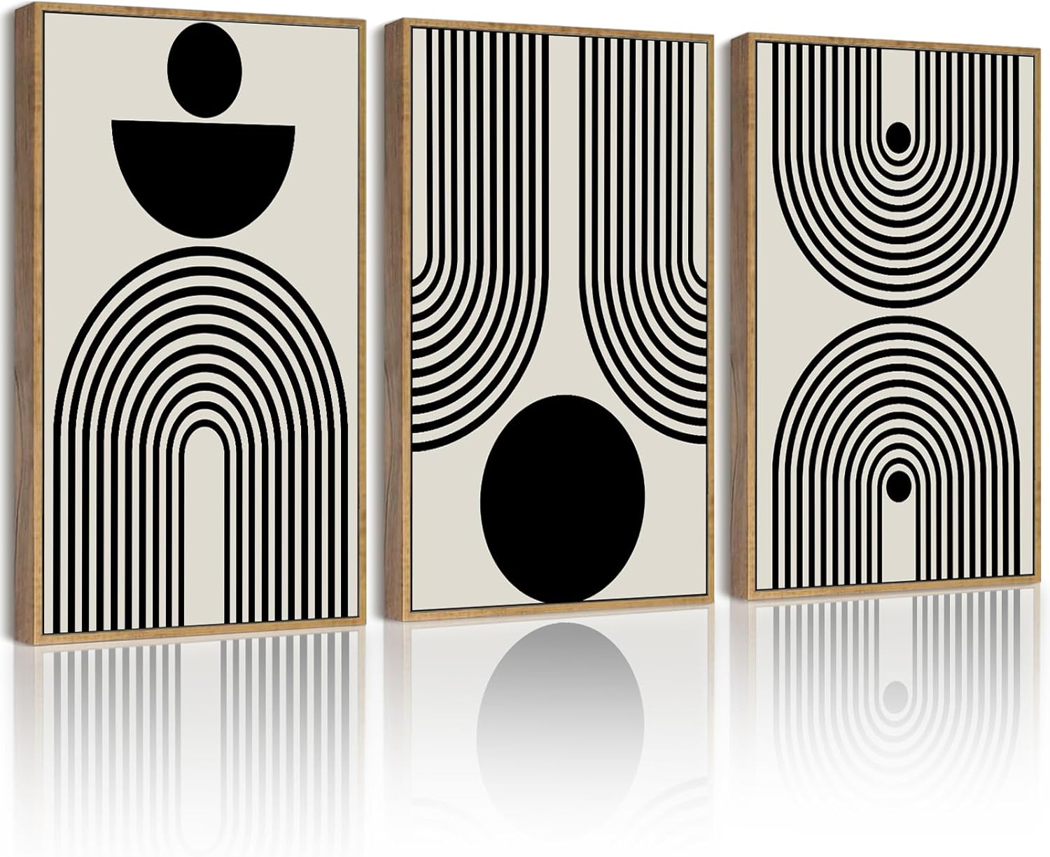 PHOPAGO Black Abstract Wall Art Geometry Minimalist Sun Lines Framed Canvas Painting Artwork 11x14in Natural Framed
