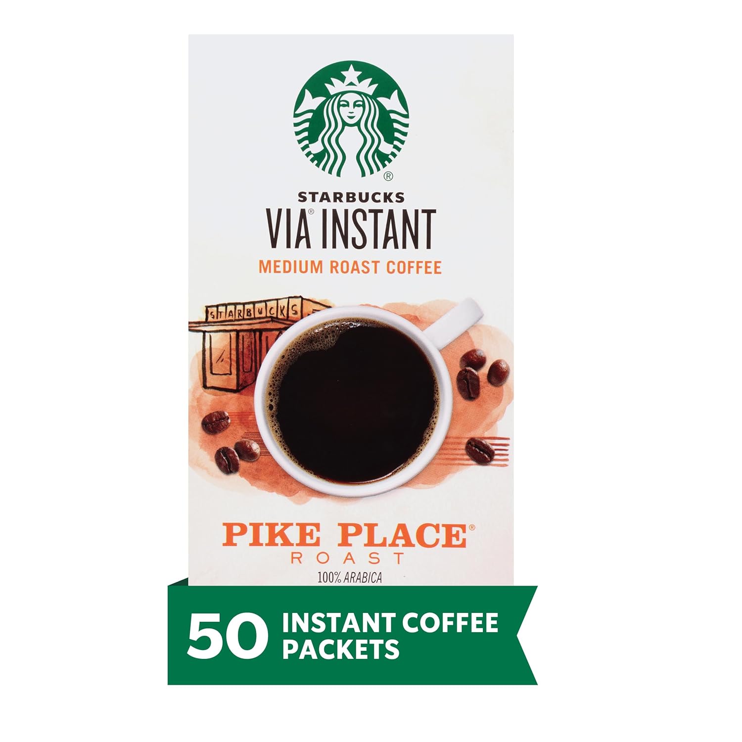 Starbucks VIA Instant Coffee, Medium Roast Coffee, Pike Place Roast, 100% Arabica, Single-Serve, 1 Box (50 Packets)