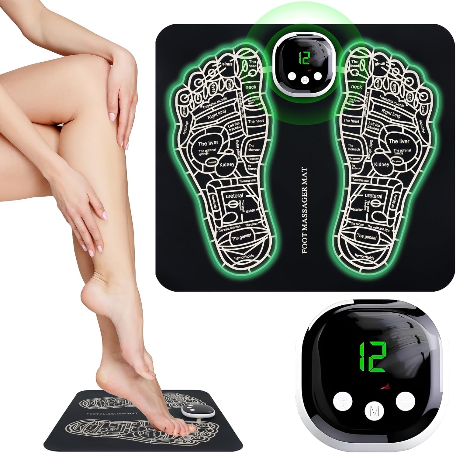 EMS Foot Massager - Folding Portable Electric Massage Mat, Electronic Muscle Stimulatior Feet Massage Promoting Blood Circulation Muscle Pain Relief (Matt Black)