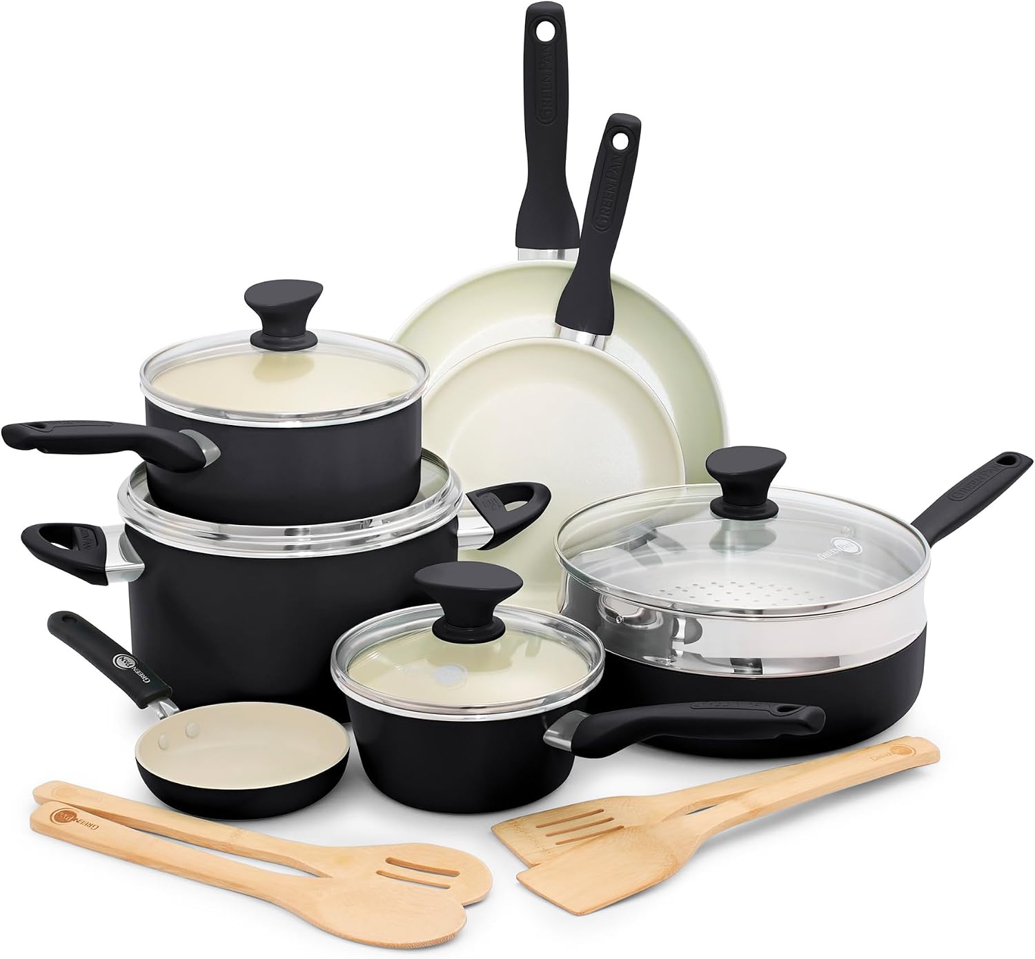 GreenPan Rio 16 Piece Cookware Pots and Pans Set, Hard Anodized Healthy Ceramic Nonstick PFAS-Free, Bakelite Handles, Frypans, Saucepan, Saute Pan, Stock Pot, Kitchen Tools, Dishwasher Safe, Black