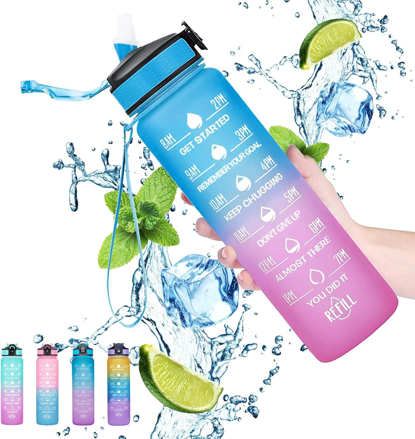 Gaiayhc Sports Water Bottle 1 L,Motivational with Time Marker and Straw,30oz Leakproof Design for Sports,Hiking,Gym,Fitness,Outdoor,Cycling,School & Office, Gradient Purple Blue