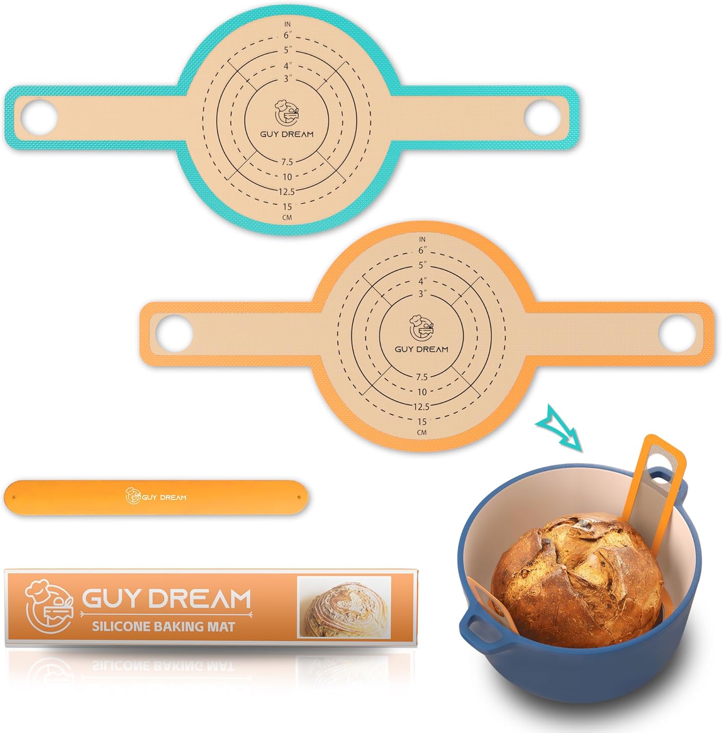 GUYGUYDREMAT Bread Sling for Dutch Oven – Heavy-Duty Reusable Silicone Baking Mat with Finger-Loop Handles, Non-Stick Sourdough Bread Liner, Fits 8–9 Inch Baskets (2-Pack, Mixed Color)