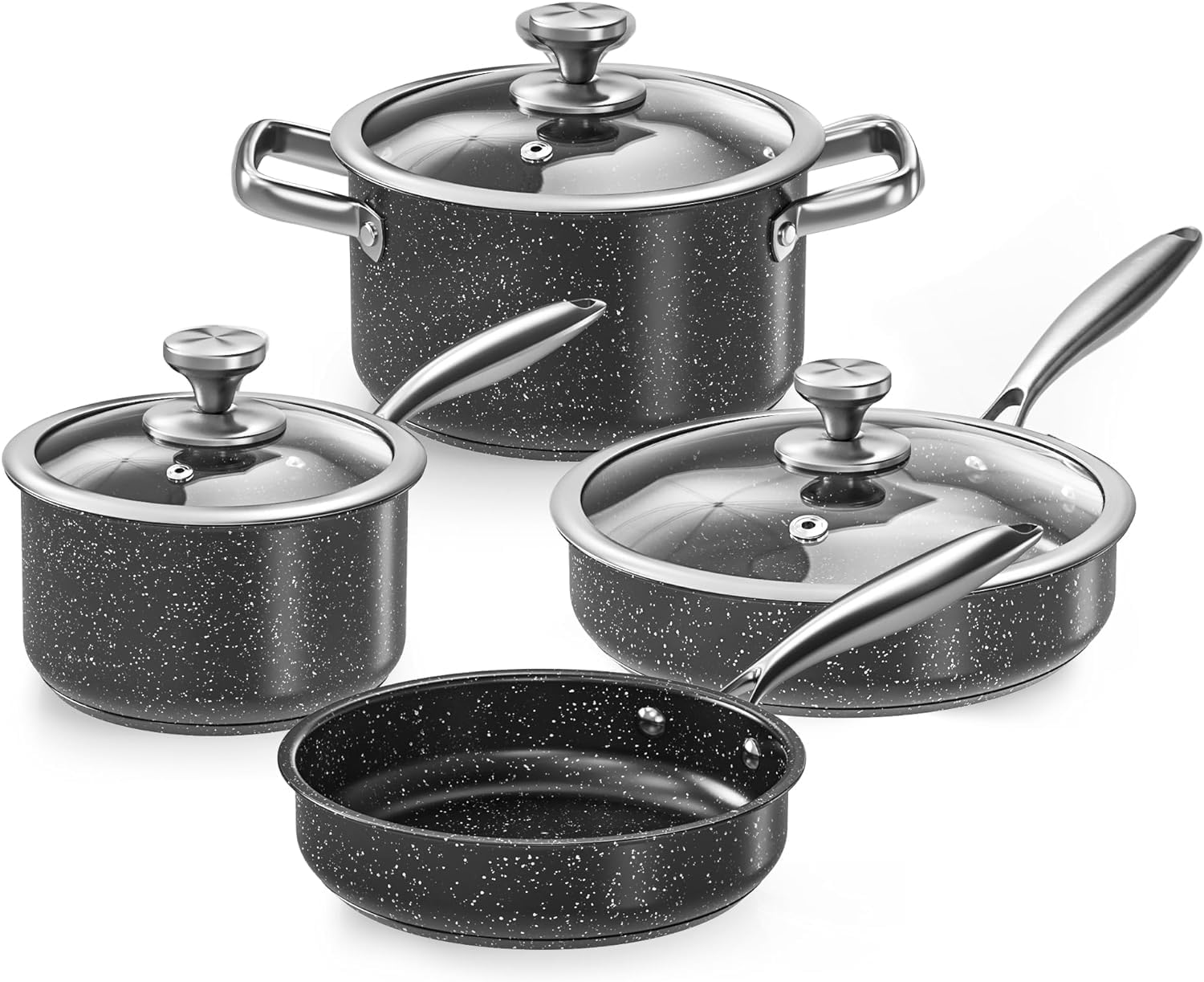 Stainless Steel Pots and Pans Set, 7-Piece Induction Hob Pan Set with Stay Cool Handles, Nonstick Saucepan Set Cooking Pans Set with Glass Lids, Black Granite Kitchen Cookware Set, for All Stove