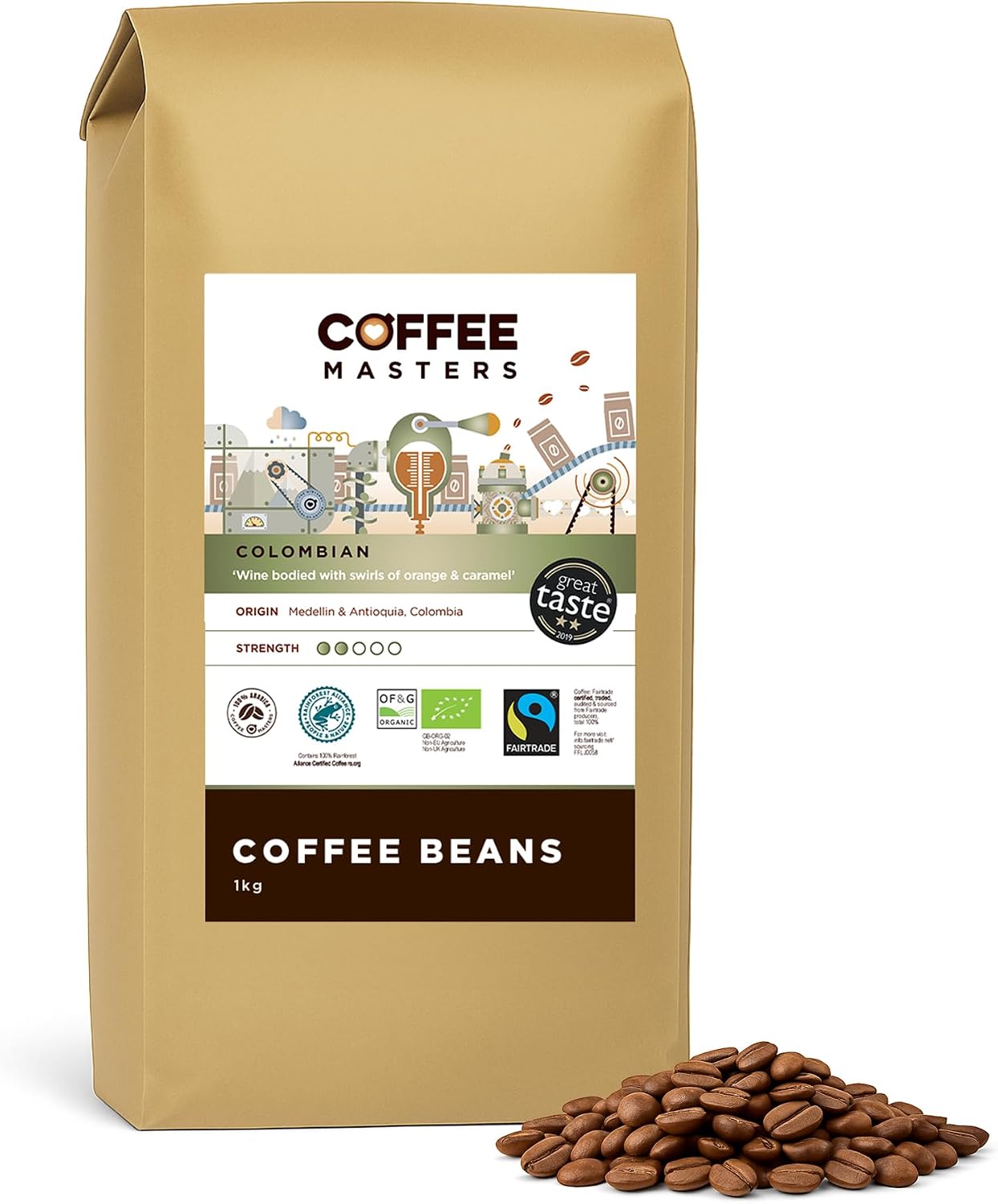 Coffee Masters Colombian Organic Coffee Beans 1kg - Fairtrade, Single Origin, 100% Arabica, Light Roasted Whole Bean Ideal for Espresso Machines - Great Taste Award Winner
