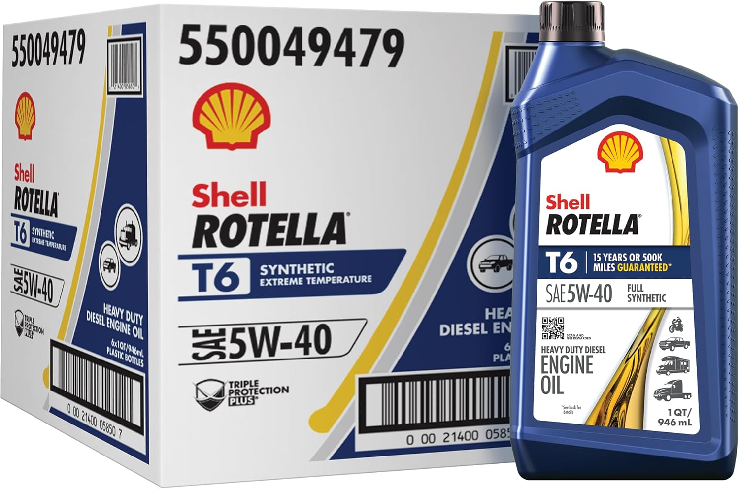 Shell Rotella T6 Full Synthetic 5W-40 Motor Oil, 1 Quart (6 Pack)