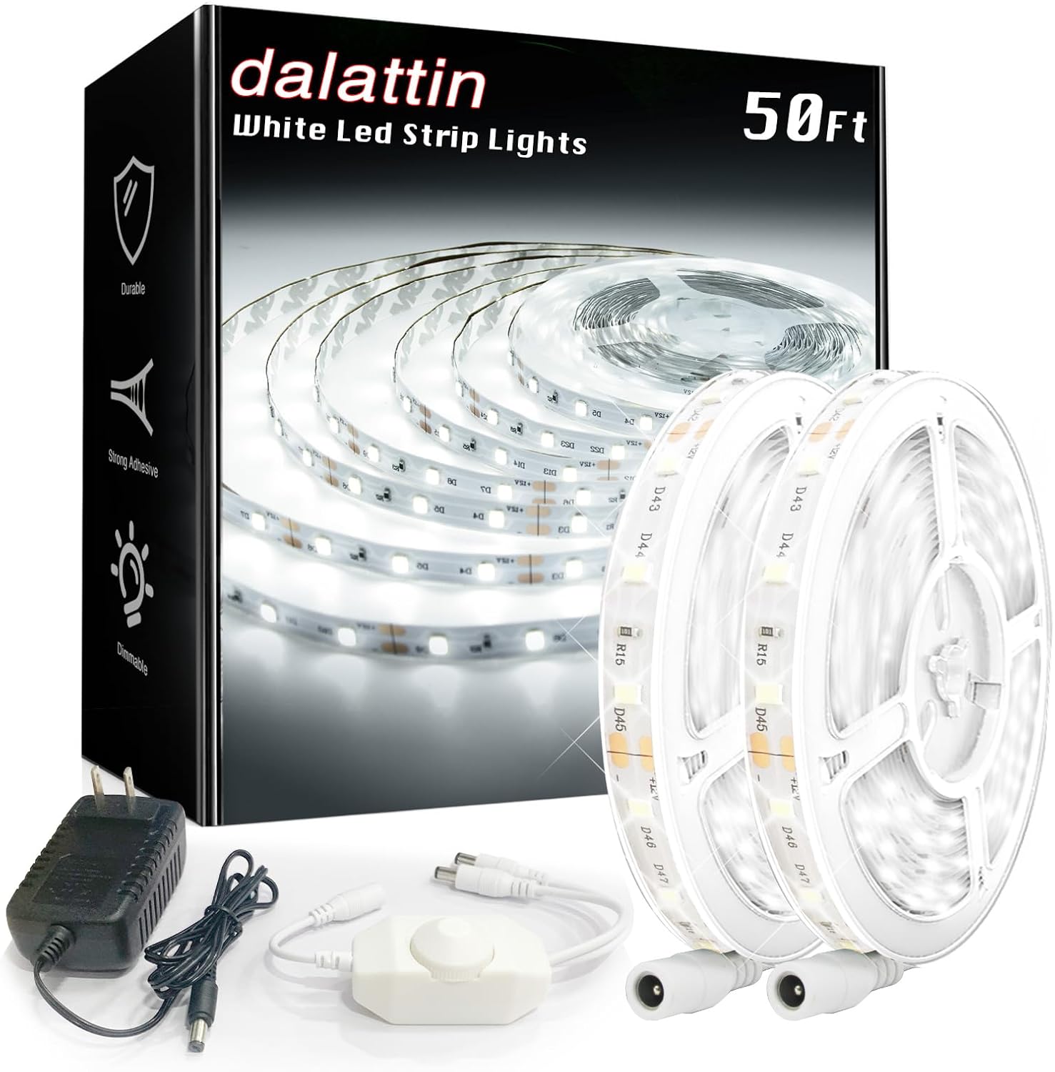 dalattin White LED Strip Lights 50ft Dimmable Bright 24V Led Light Strip 6500K Daylight White 900 LEDs Lights for Bedroom, Mirror, Kitchen, Strong Adhesive(2 Rolls of 25ft)