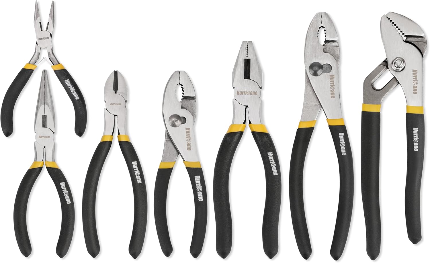 HURRICANE 7-Piece Pliers Set - 8 Inch Groove Joint, Slip Joint, 7 Inch Linesman, 6 Inch Diagonal, Long Nose, Mini Long Nose for DIY & Home Use