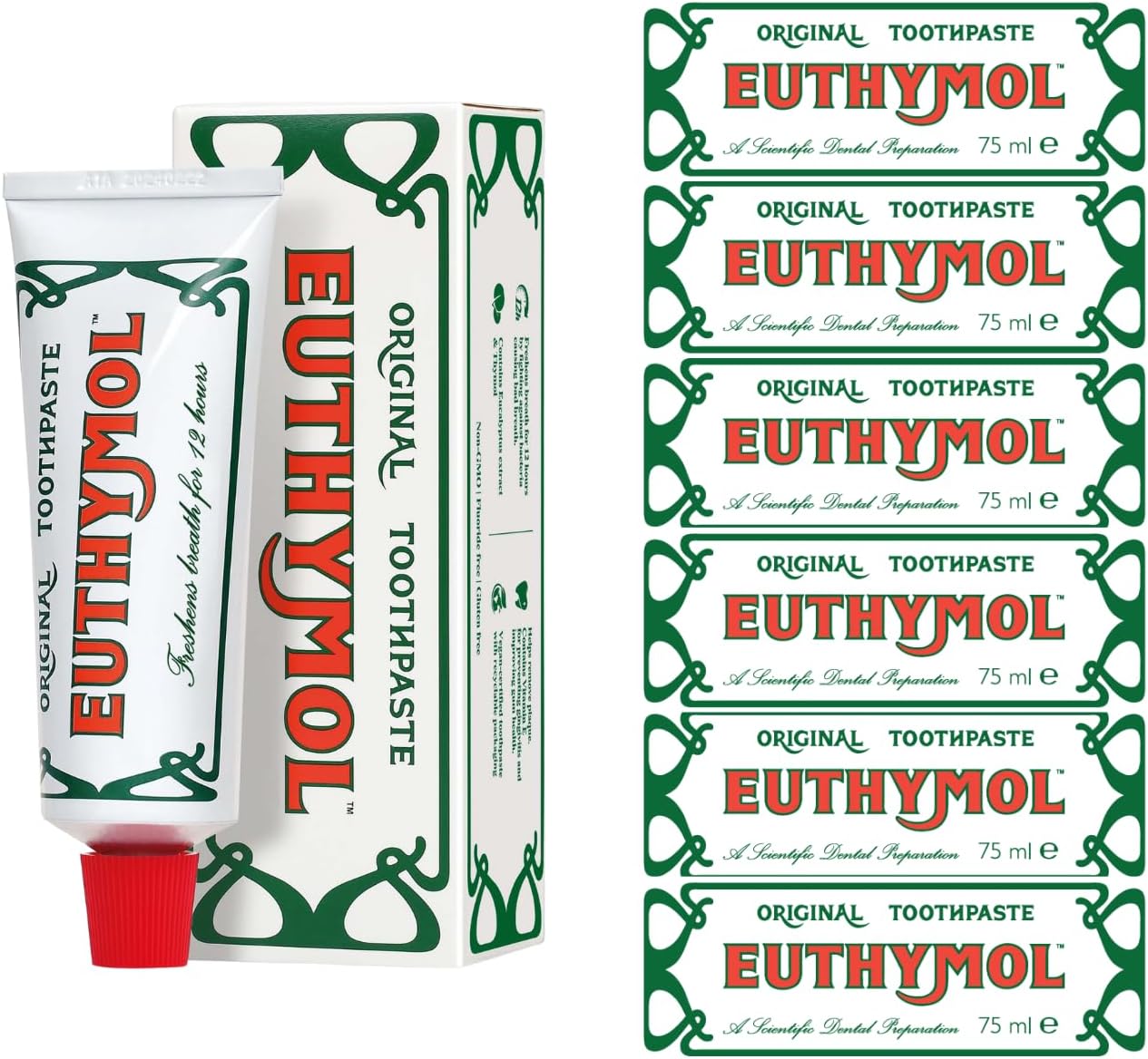 Euthymol Original Toothpaste 75ml x 6, Fluoride Free Anti-Plaque Antibacterial Cavity Teeth Gums Clean Healthy Protection Refresh Daily Oral Enamel Dental Care