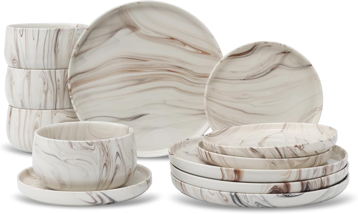 Lorren Home Trends Shiny Marble Pattern Dinnerware Set, 12 Piece Service for 4, Microwave and Dishwasher Safe