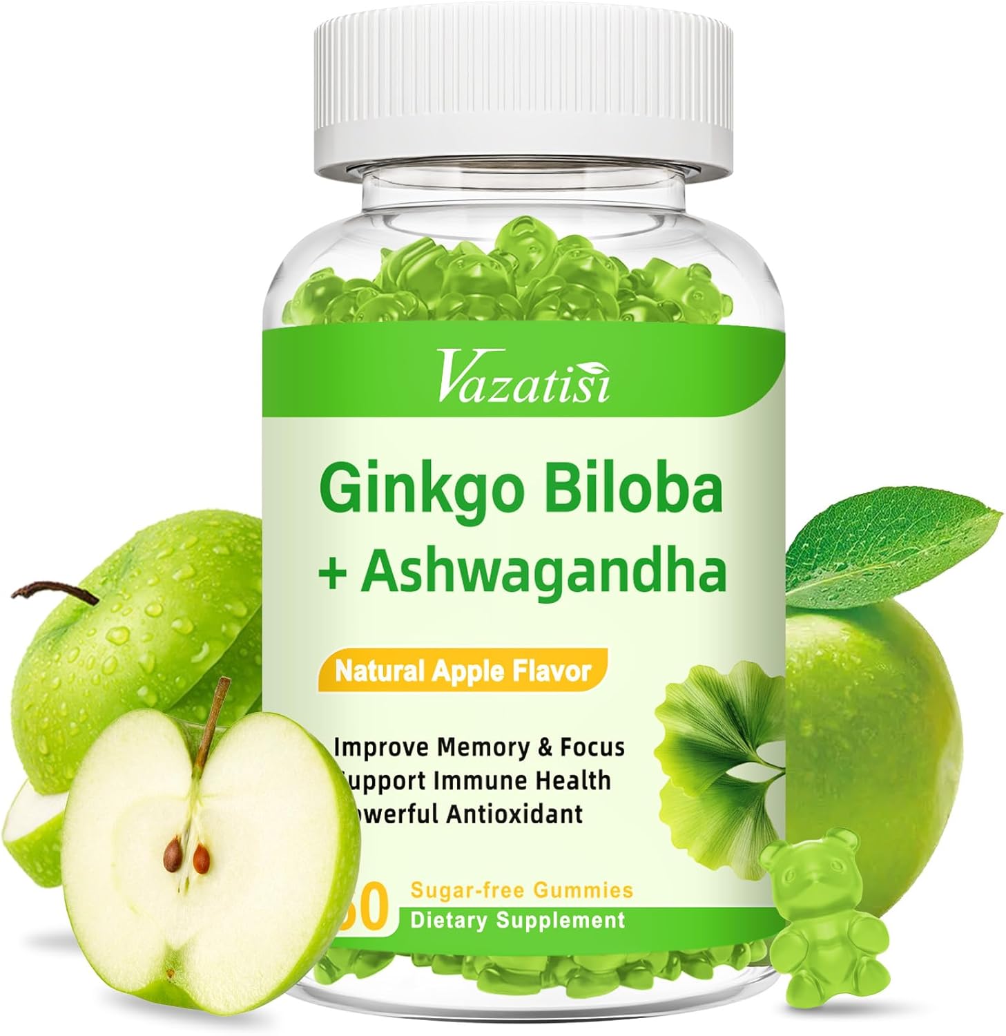 Ginkgo Biloba Gummies with Panax Ginseng for Better Mood and Focus, Booster Brain Health, 60 Vegan Apple Flavor Gummies