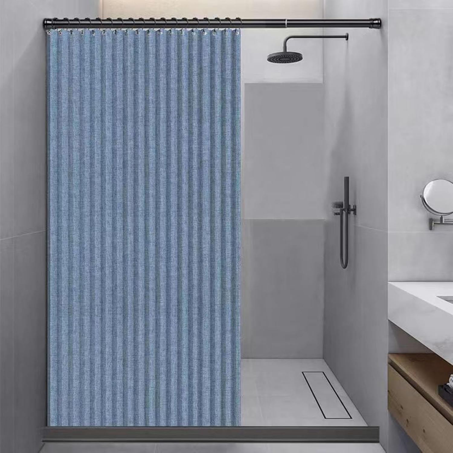 CAULO Bathroom Folding Shower Curtain Double-sided Magnetic Suction Shower Curtain Bathroom Shade Curtain Thick Linen (Blue 150x200cm)