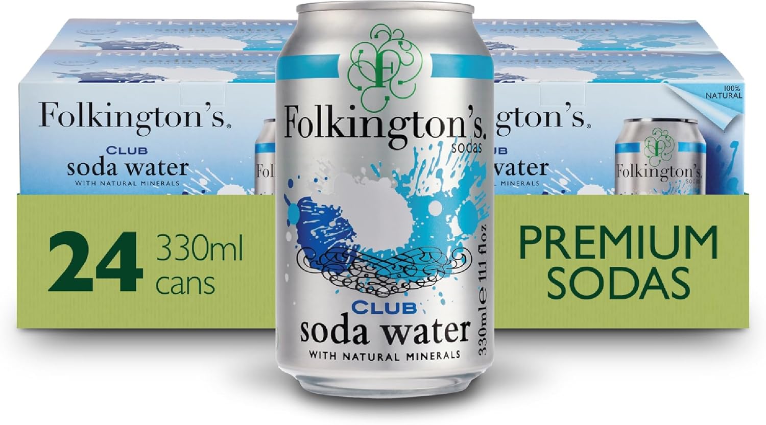 Folkington's Club Soda Water, 24 Cans, Natural Minerals Drink Mixer, 4 x 6 Pack of 330 ml, 24 Cans Total