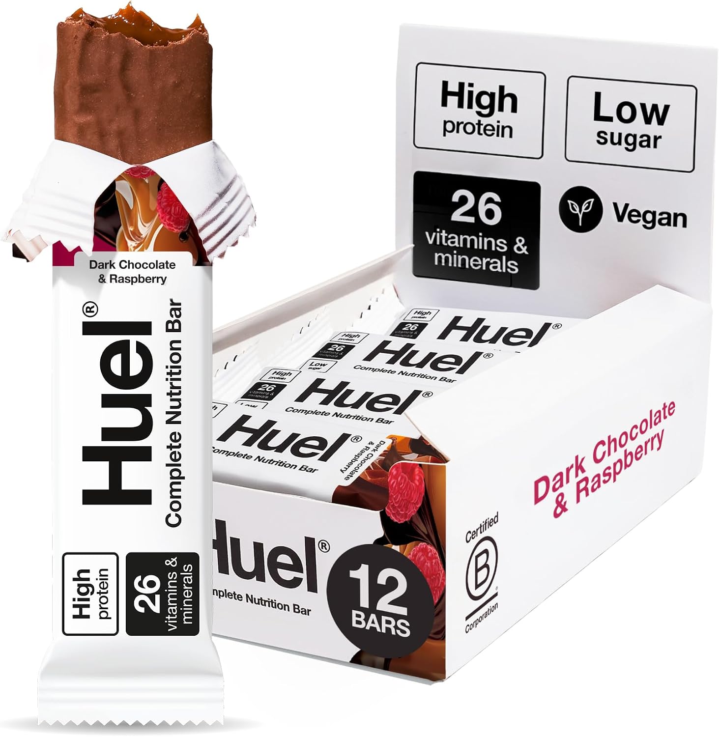Huel Complete Nutrition Bar, 12 x 51g Bars, Dark Chocolate Raspberry, High Protein Bar, Plant-Based Protein Bars, Low Sugar, High Fibre, High-Protein Snack with Vegan Chocolate, Under 200 Calories
