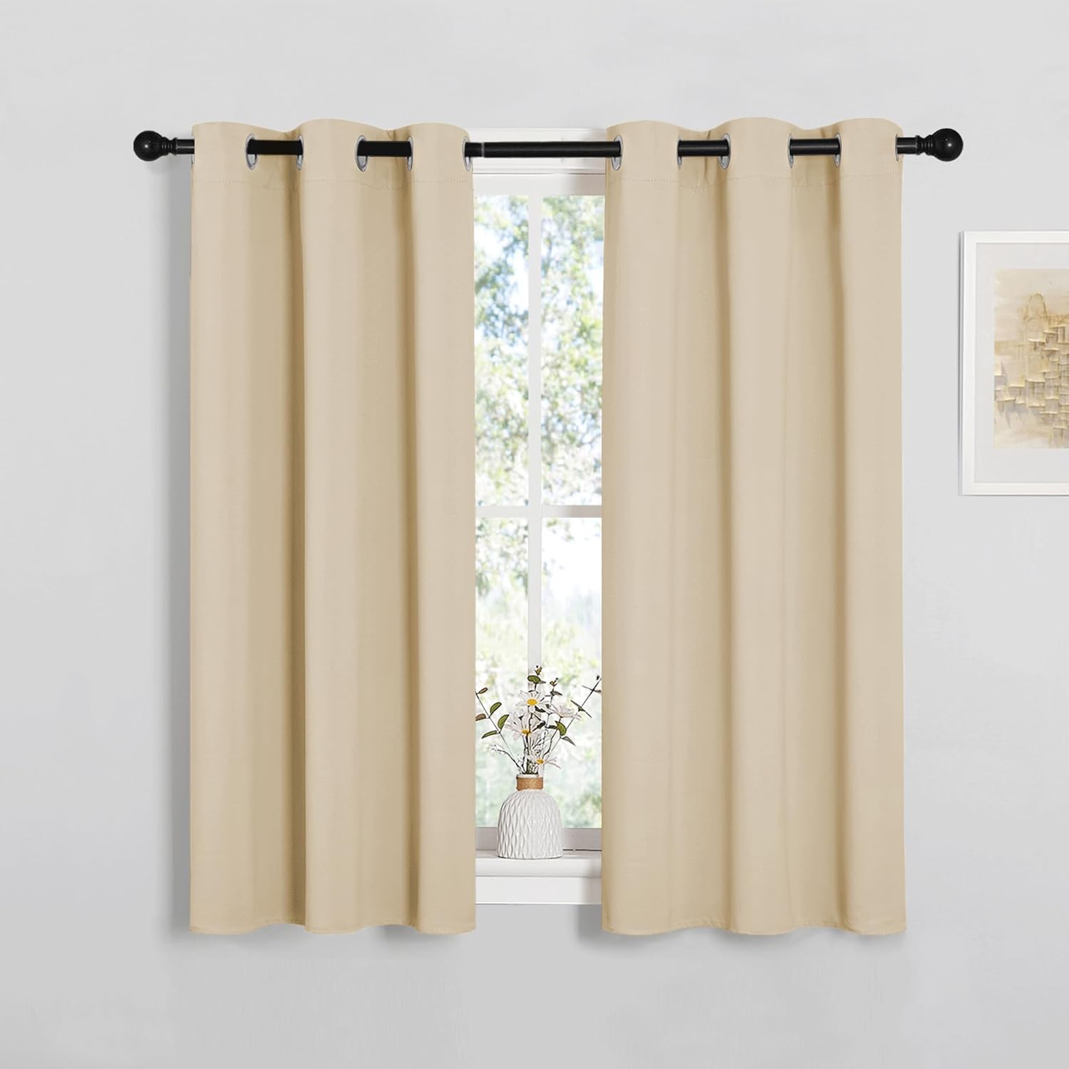 PONY DANCE Short Eyelet Kitchen Curtains Thermal Insulated Noise Reduce Privacy Curtains for Bedroom Home Decor, W 34" x L 45", 2 Panels, Biscotti Beige