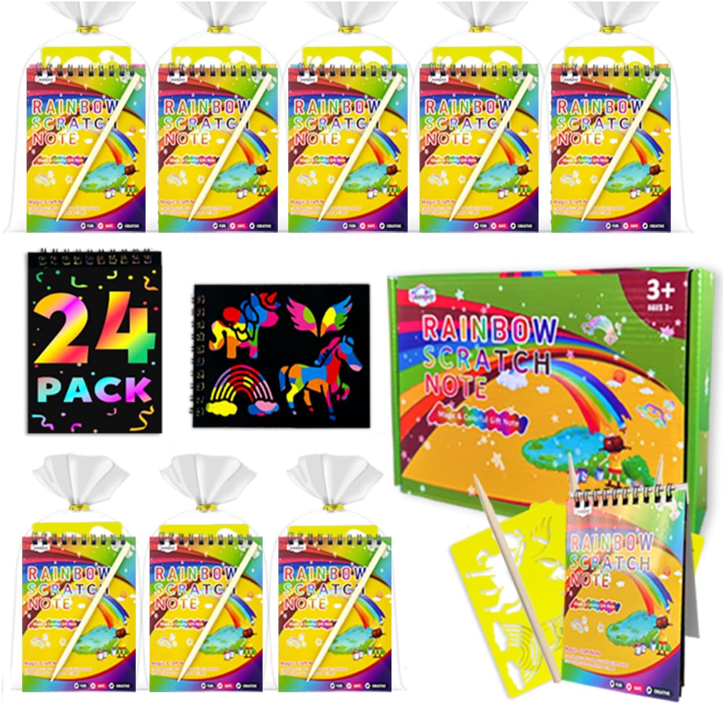 Decojoy Party Favors for Kids 4-8, Scratch Art Birthday Return Gifts, Bulk Rainbow Scratch Paper Notebook 24 Sets Supplies, Cool Craft Kit Goodie Bags Stuffers for Girls Boys School Classroom