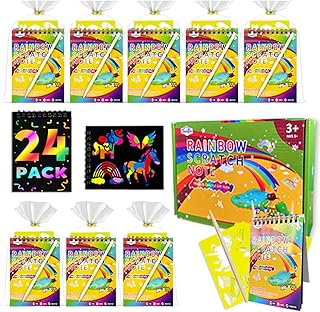 Decojoy Party Favors for Kids 4-8, Scratch Art Birthday Return Gifts, Bulk Rainbow Scratch Paper Notebook 24 Sets Supplies, Cool Craft Kit Goodie Bags Stuffers for Girls Boys School Classroom