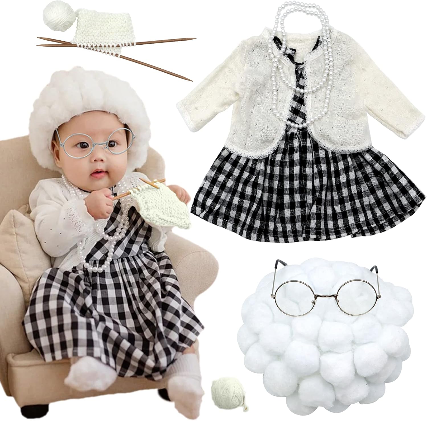 SPOKKI Newborn Photography Props 7 Pcs Old Lady Cosplay Newborn Girl Photoshoot Outfits, Cute Grandma Costume for Baby Girls Studio Shoots Photo Props