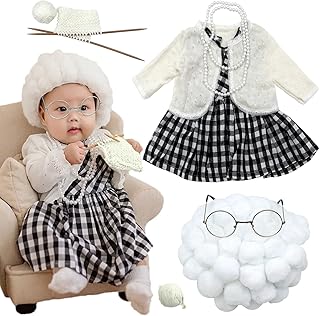 SPOKKI Newborn Photography Props 7 Pcs Old Lady Cosplay Newborn Girl Photoshoot Outfits, Cute Grandma Costume for Baby Girls Studio Shoots Photo Props