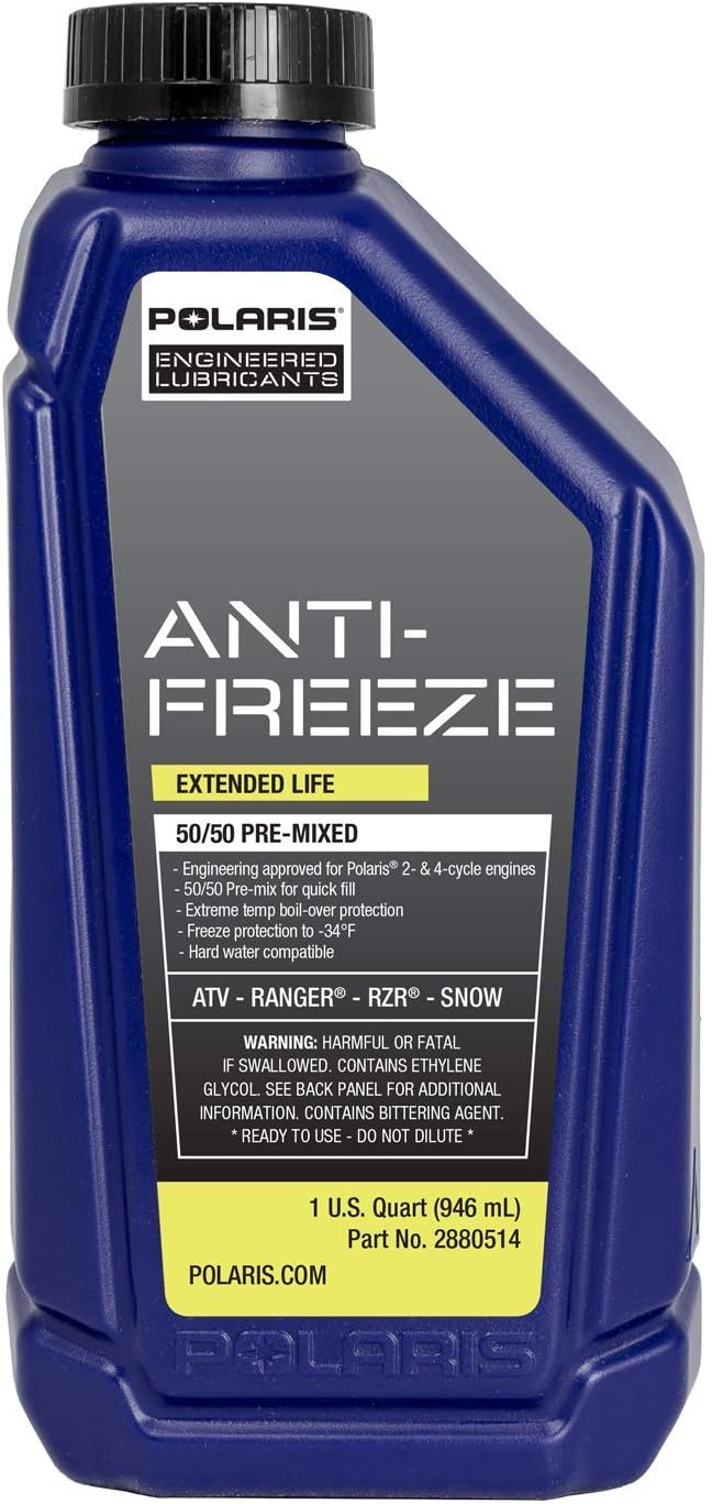Polaris Antifreeze Coolant 50/50 Premix Extended Life for Snowmobile Off Road Aluminum Cooling Systems, Compatible With 2 & 4 Stroke Engine, Boil Over & Freeze Protection, 1 Quart - Part 2880514