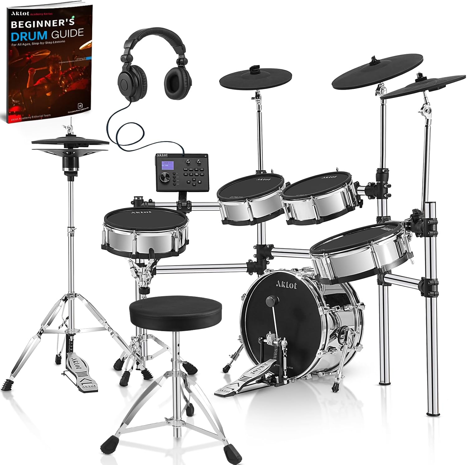 AKLOT Acoustic-Style Electric Drum Set: Independent 16’’ Wooden Bass Drum and 12’’ Snare, Triple-Zone Ride Cymbal, Standalone Hi-Hat, Full Mesh Pads, 460 Sounds, USB MIDI, Throne, Sticks (B-CORE543)