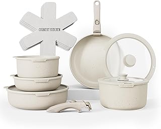 Country Kitchen Cookware Set with Removable Handle, Oven & RV Safe Pots and Pans Set, Cream, Original