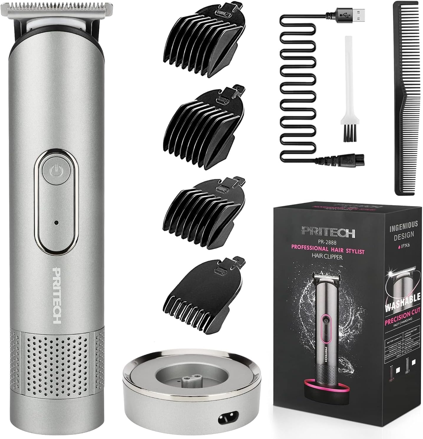 PRITECH Hair Trimmer for Men, Rechargeable Hair Clippers, Beard Trimmer, Home Haircut Kit, Cordless Barber Grooming Sets, Waterproof Body Trimmer, Groin Hair Trimmer, Nebula Gray