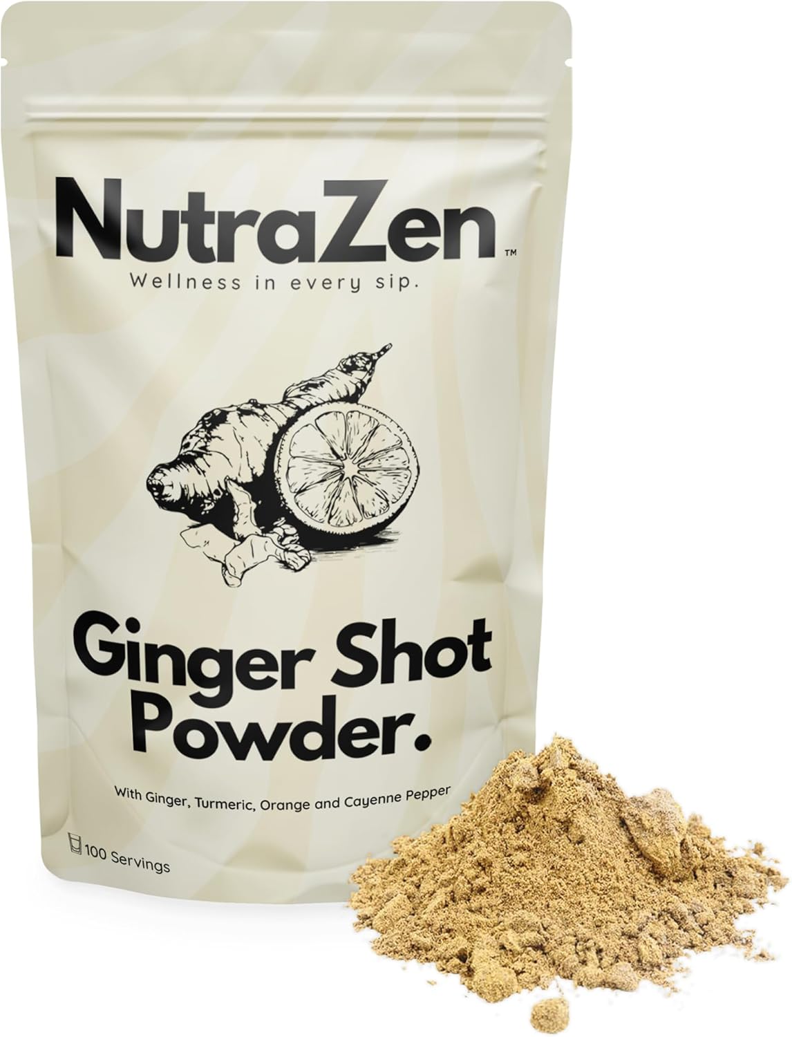 Ginger and Turmeric Shot Powder 100 Servings | Drink Supplement with Orange, Cayenne Pepper and Zinc | Organic and Natural Ingredients No Added Sugar | Detox Drink, Mix with Water, Juice or Tea | 100g