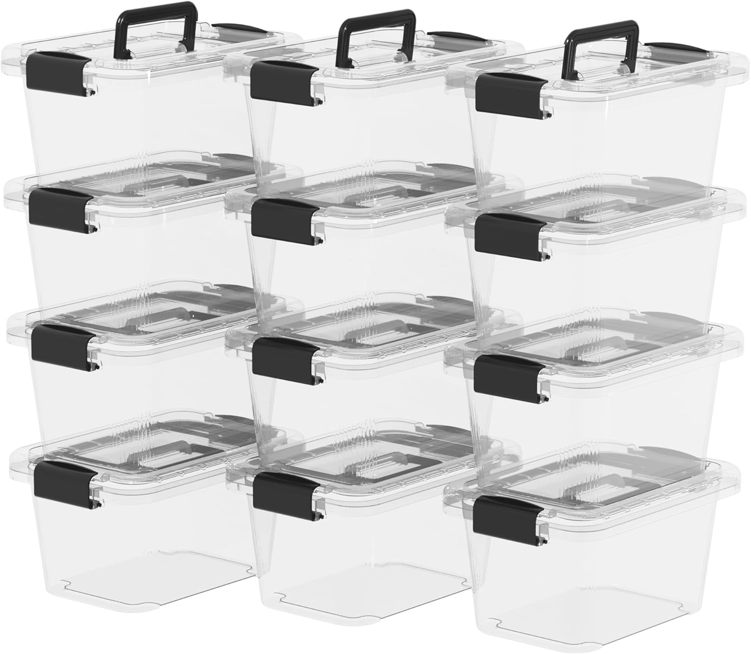 Lidded Storage Bin, Tote Organizing Container with Handle and Buckles, Stackable, Plastic, Clear, 6.8Qt, Pack of 12
