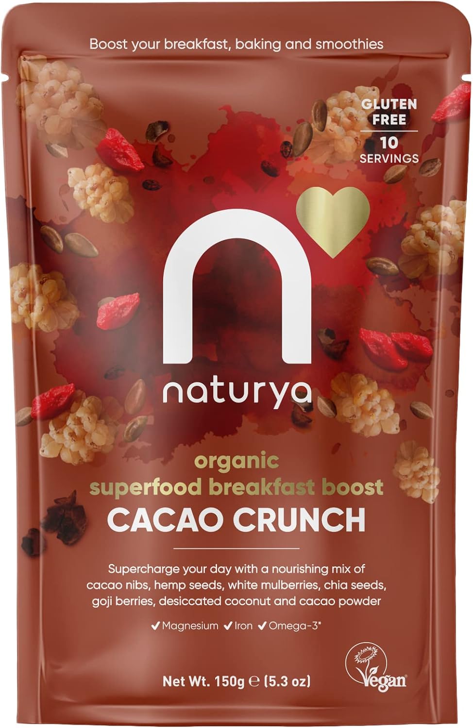 Naturya Organic Cacao Crunch Breakfast Boost - Rich in Omega-3 and Protein, with Hemp Seeds, Mulberries, Chia, Gluten-Free, Vegan - 150g
