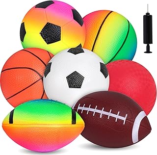 AMOR PRESENT 7PCS Playground Balls, Sports Balls for Toddler Rubber Balls Sport Ball Toy with Pump 5 Inch for Kids Gifts Indoor Outdoor